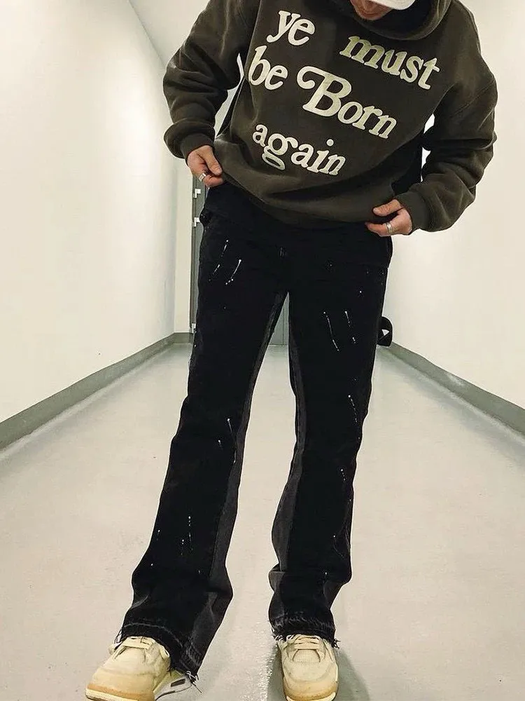 -Size upper body P220#G33 GALLERY DEPT. Spliced ​​washed retro jeans for men and women, high street splash-ink pants, micro-flared casual trousers, trendy couple, same style. Color: black. Size: S-XXL (corresponding to 28-36)